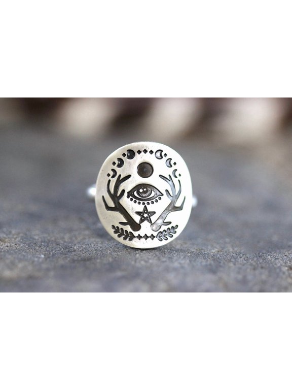 Silver Evil Eye Ring, Silver Plated Boho Celestial Witch Moon Phase Pentagram Band, Nature Inspired Fashion Jewelry