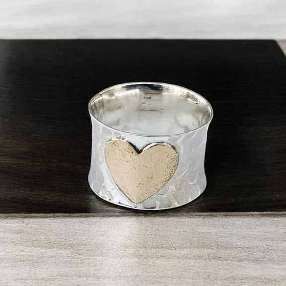 SS DESIGNS Silver Heart Band Ring – Handmade Hammered Chunky Ring, Bohemian Statement Jewelry for Women, 925 Sterling Silver Textured Wide Band