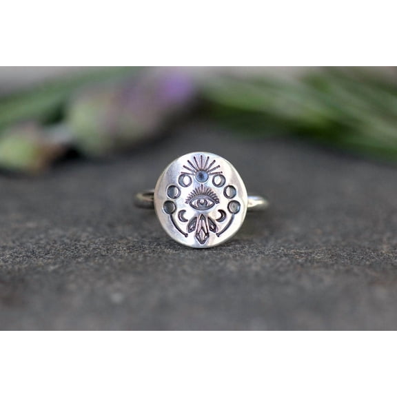 SS DESIGNS- Silver Moon Ring Boho Style Celestial Jewelry with Moon Phase Design & Evil Eye Protection for Spiritual Energy