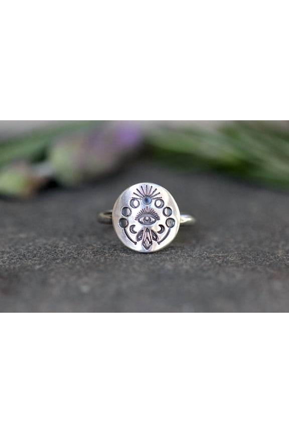 - Silver Moon Ring Boho Style Celestial Jewelry with Moon Phase Design & Evil Eye Protection for Spiritual Energy