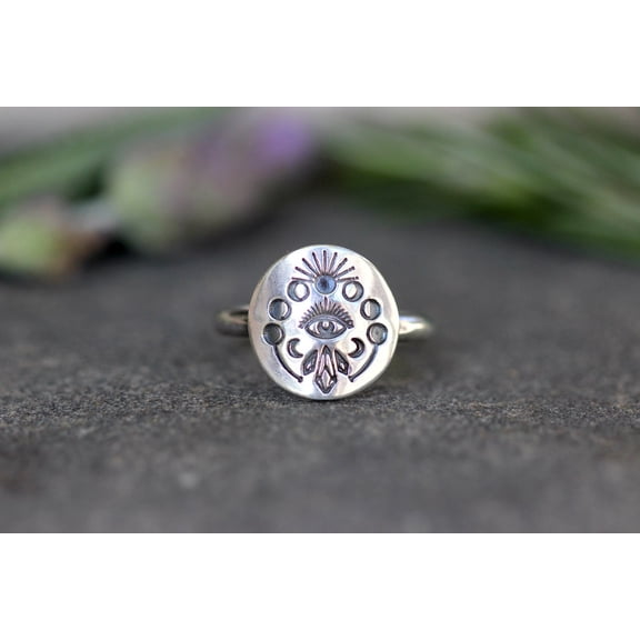SS DESIGNS- Silver Moon Ring Boho Style Celestial Jewelry with Moon Phase Design & Evil Eye Protection for Spiritual Energy