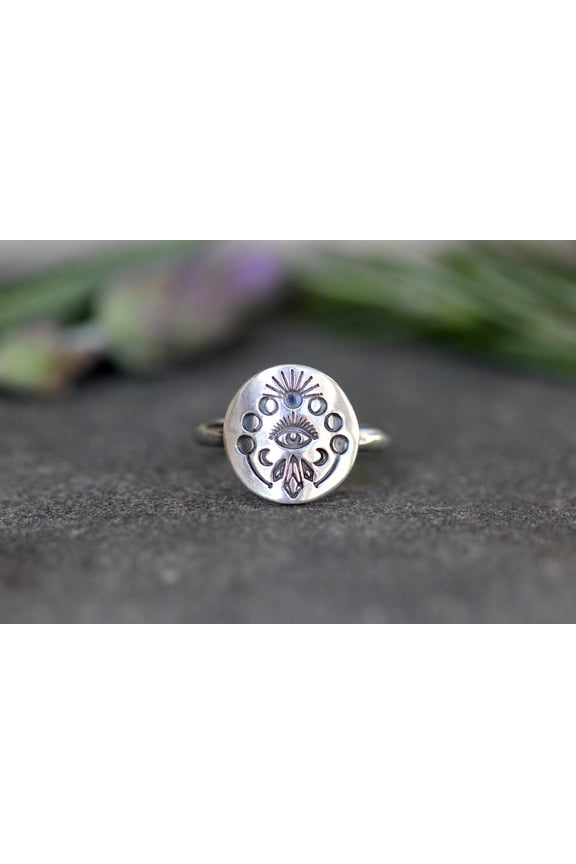 - Silver Moon Ring Boho Style Celestial Jewelry with Moon Phase Design & Evil Eye Protection for Spiritual Energy