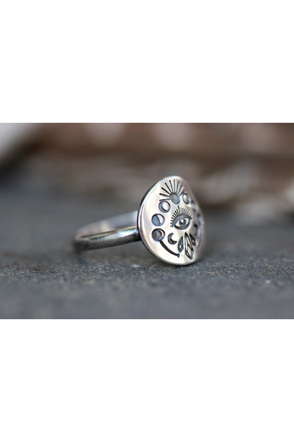 Silver Moon Ring - Celestial Jewelry with Moon Phase Design and Evil Eye Protection, Boho Style Spiritual Accessory, Modern Witch Jewelry Gift