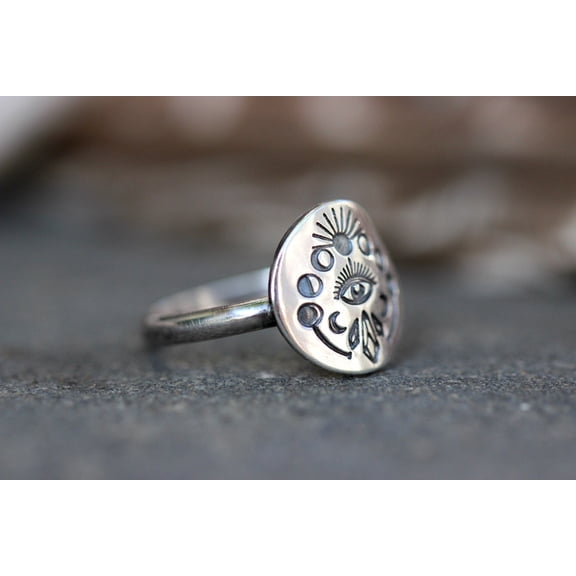 SS DESIGNS Silver Moon Ring - Celestial Jewelry with Moon Phase Design and Evil Eye Protection, Boho Style Spiritual Accessory, Modern Witch Jewelry Gift