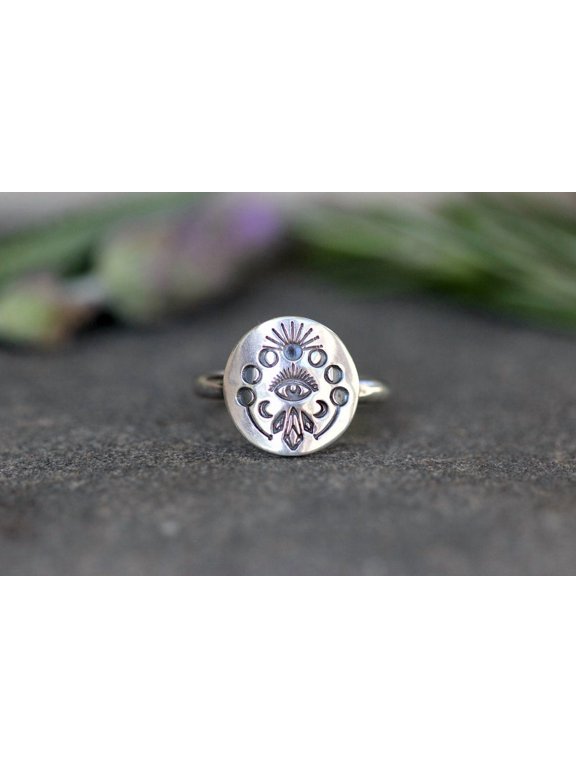 Silver Moon Ring Moon Phases All Seeing Eye Crystal Accents Polished Boho Stackable Fashion Jewelry Ring