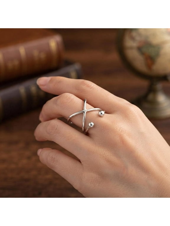 Silver Open X Band Ring With Ball Ends, Minimalist Adjustable Ring For Daily Wear, Fashion Jewelry