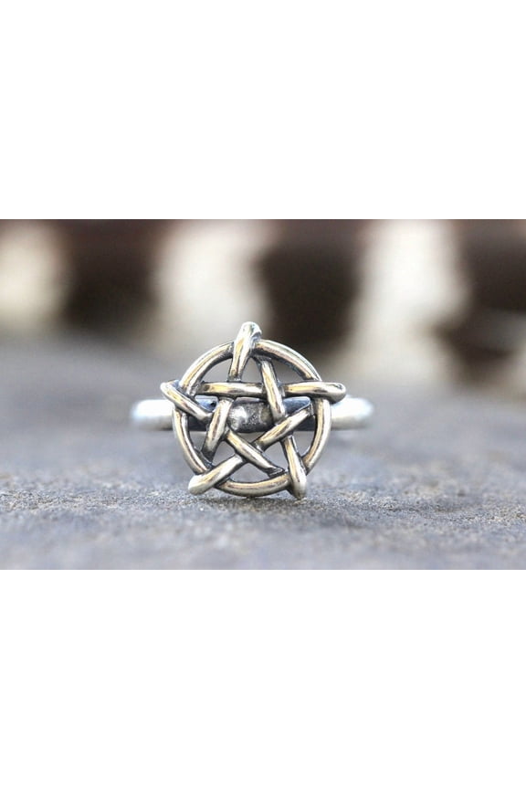 Silver Pentagram Ring Handmade Sterling Silver Wicca Pentacle Boho Style Ring Stackable Bands with Celtic Knot Detail