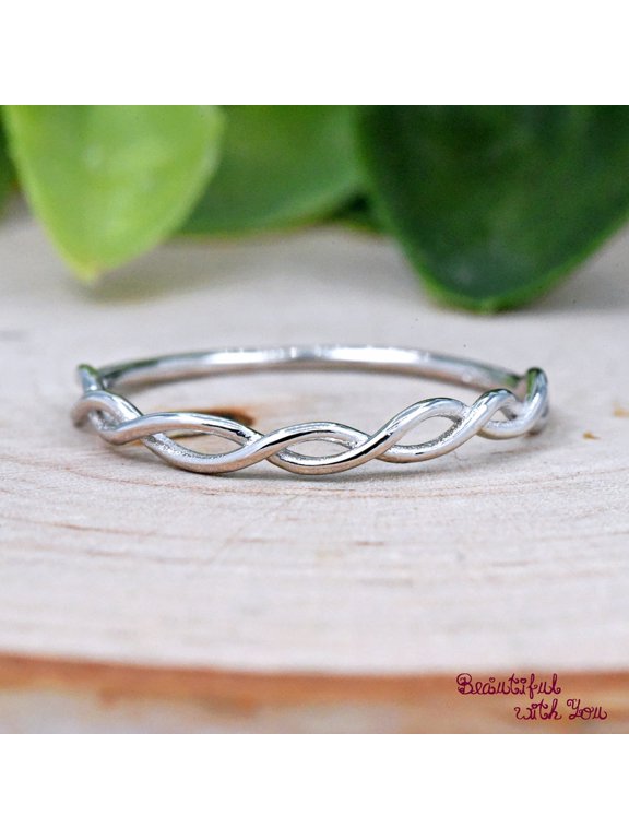 Silver Plated Eternity Ring, Twisted Braided Celtic Knot Half Band High Polish Stackable Fashion Ring for Women