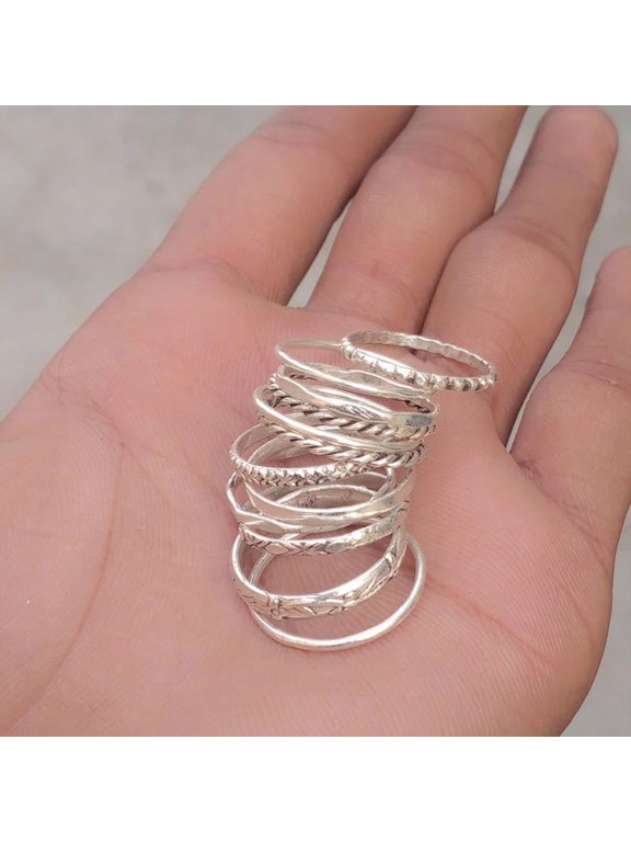 Silver Plated Ring Set, 12 Handmade Stackable Bands with Textured and Smooth Finishes