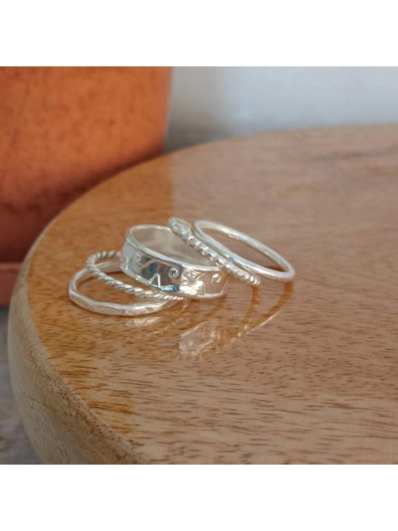 Silver Plated Ring Set With Swirl, Rope, And Geometric Textured Stackable Bands