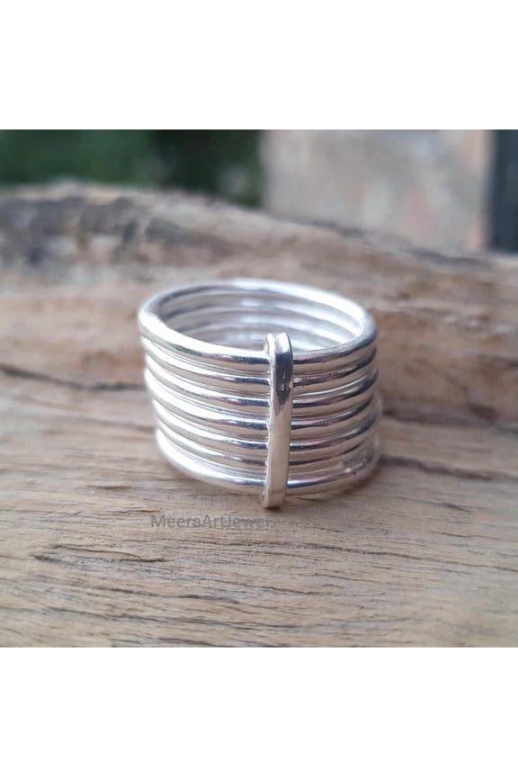 Silver Plated Stacking Rings Set, 7 Band Boho Minimalist Handmade Layered Fashion Ring Collection