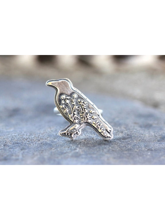 Silver Raven Ring, Crow Silhouette Band with Wildflower Engravings