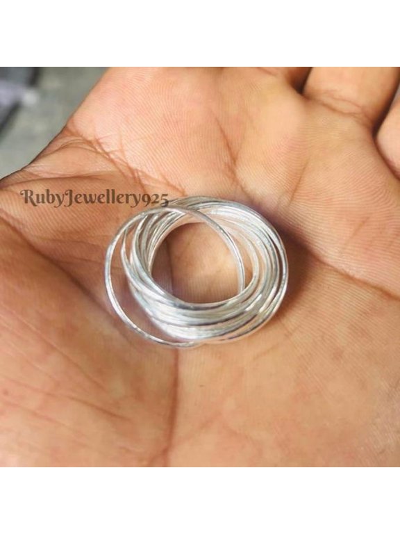 Silver Rolling Ring Wide Band Textured Interlocking Multi-Band Statement Ring
