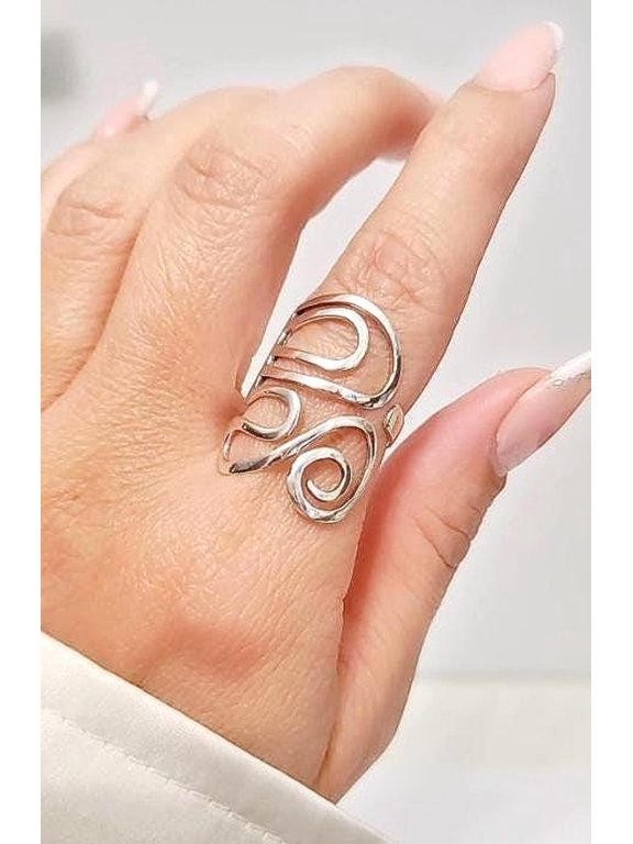 Silver Shield Ring, Adjustable Boho Swirl Statement Ring