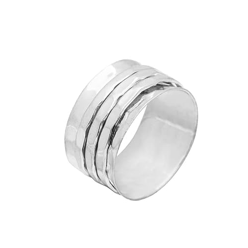 SS DESIGNS Silver Spinner Ring 925 Sterling Silver Three Tone Band with Hammered Finish, Meditation Fidget Spinner Ring for Womenâ€™s Stress Relief