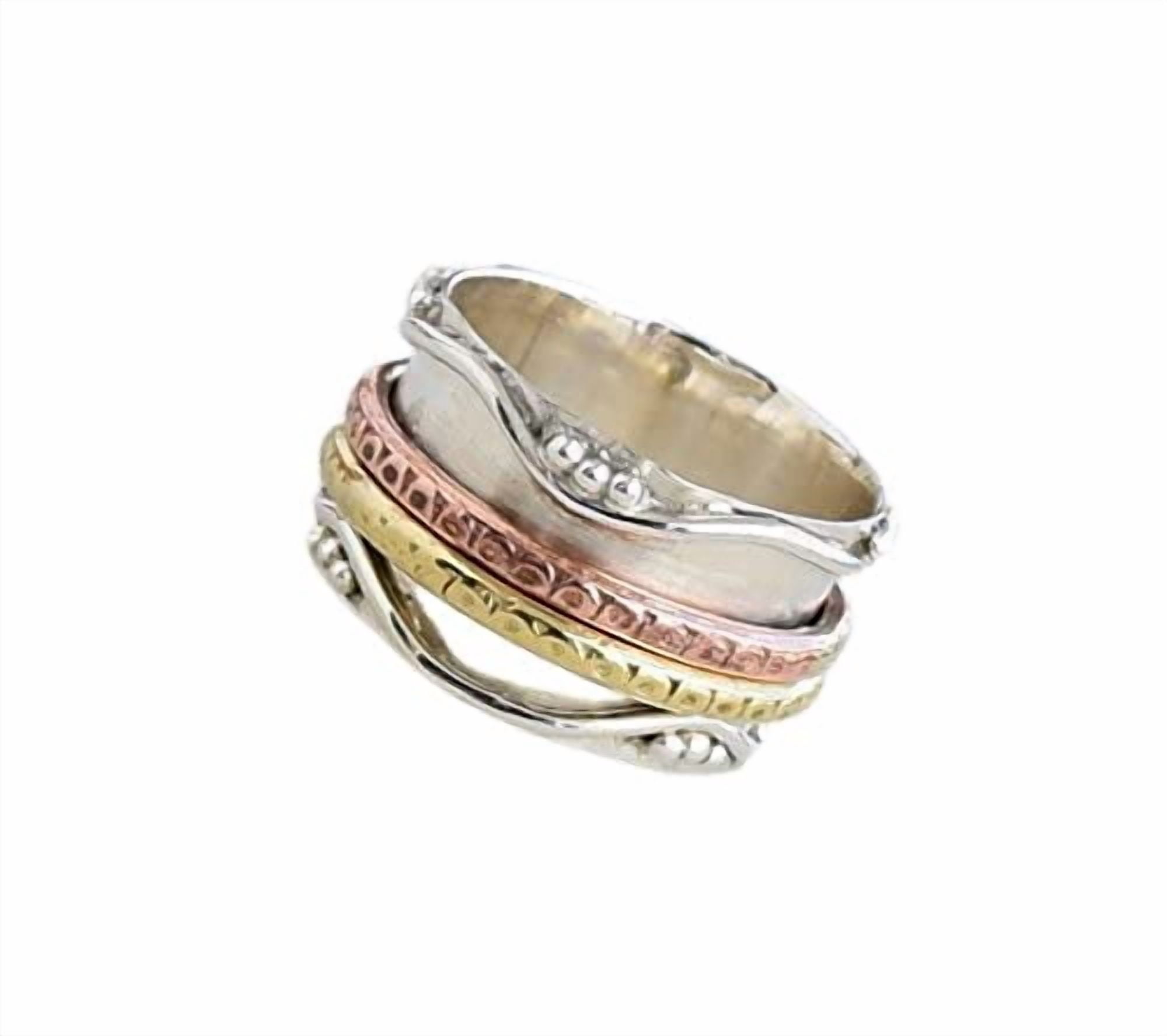 2 Rings Layout SS DESIGNS Silver Spinner Ring Boho Floral Band with Two Tone Rotating ...