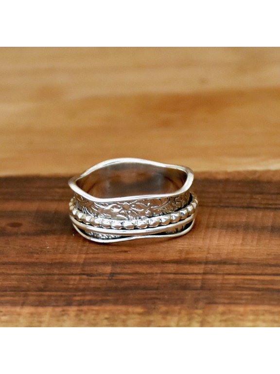 Silver Spinner Ring With Beaded Texture, Rotating Stackable Design