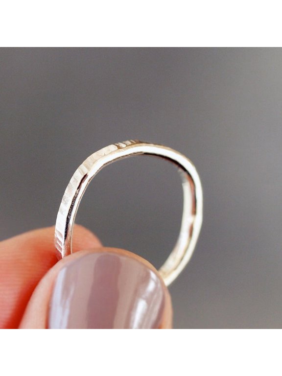 Silver Square Ring with Hammered Bark Texture and Soft Rounded Corners