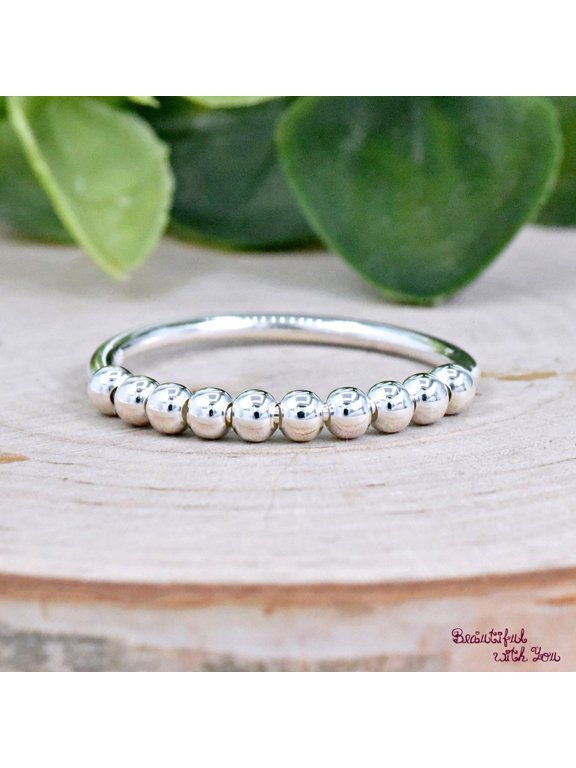 Silver Stacking Ring Beaded Bubble Half Eternity Band for Everyday Wear