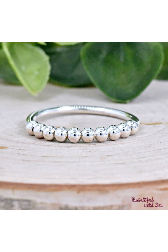 Silver Stacking Ring Beaded Bubble Half Eternity Band for Everyday Wear