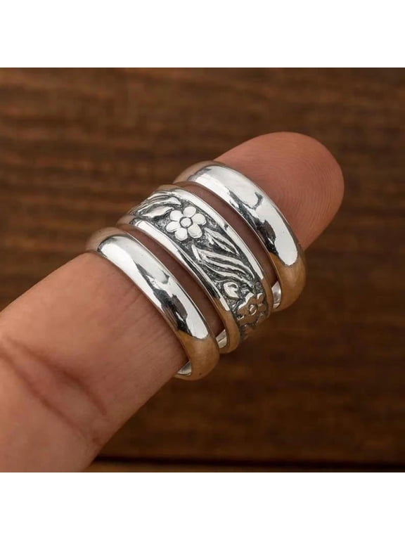 Silver Stacking Rings, Floral Band Set for Layered Everyday Style