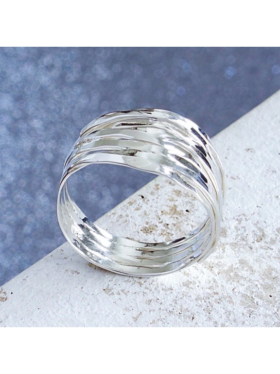 Silver multi band ring, Hammered Layered Wrap Style with Polished Texture