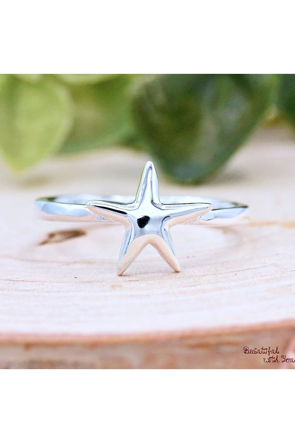 Simple Starfish Solitaire Ring Silver, 925 Sterling Silver Starfish Ring, Ocean Theme Womens Starfish Ring Band, Summer Jewelry