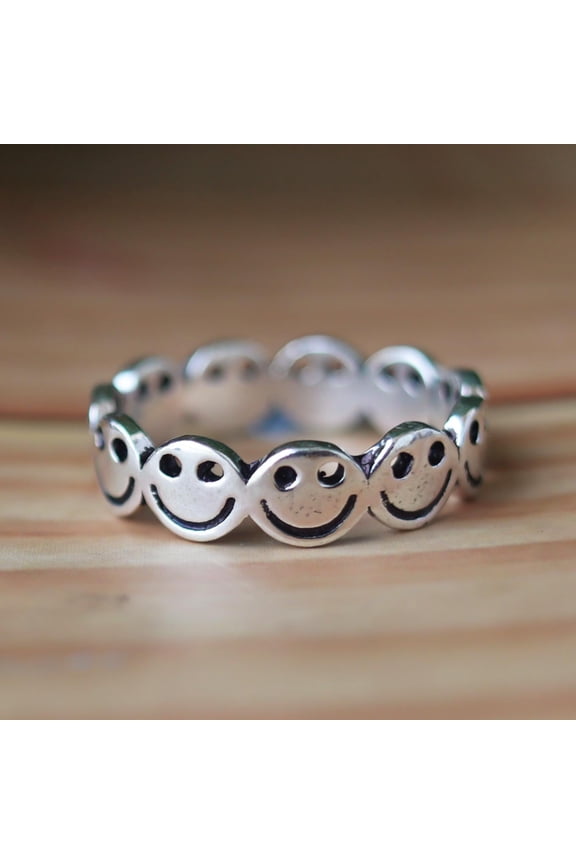 - Smiley Face Ring Adjustable Sterling Silver Wraparound Band | Minimalist Positive Vibe Jewelry Gift