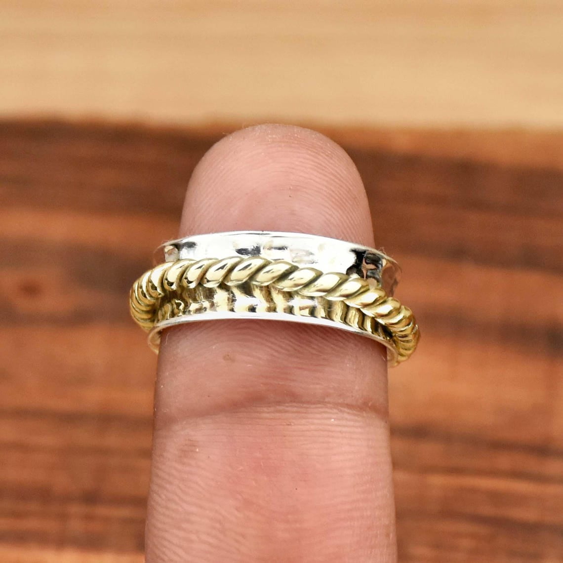 SS DESIGNS Spinner Ring 925 Sterling Silver Narrow Band Twisted Two Tone Rope Design Meditation Anxiety Relief Jewelry Fidget Spinner Band