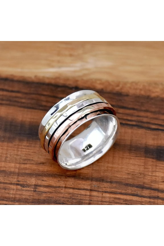 Spinner Ring, 925 Sterling Silver, Two Tone Ring, Hammered Ring, Wide Band Ring, Worry Ring Triple Spinning Ring Anxiety Ring Gift For Her