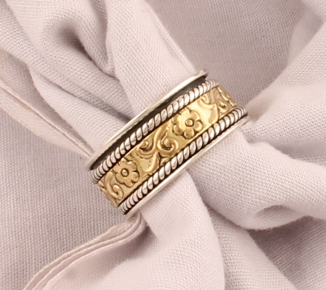 SS DESIGNS Spinner Ring Handmade Silver 925 Sterling Band Flower Band Ring Anxiety Relief Fidget Spinner Stress Relief Jewelry for Men Women