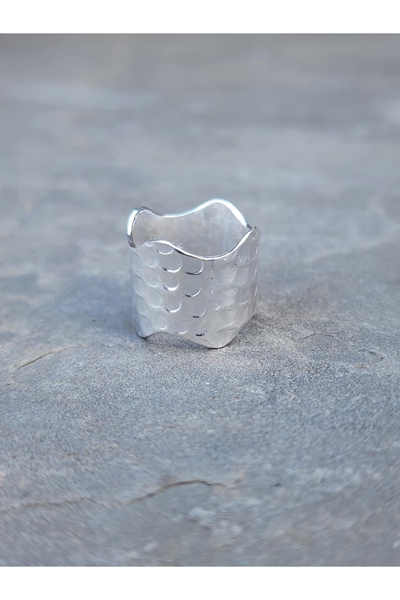 Sterling Silver Band Ring | Elegant Artisan Silver Accessory Handmade Hammered Jewelry, Boho Wide Band Thumb Ring
