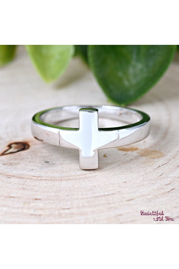 Sterling Silver Cross Ring - 925 Silver Promise Band with Minimalist Faith Design, High Polished Christian Jewelry Gift for Her Baptism