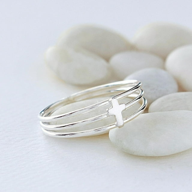 925 Sterling Silver Sideways Cross Ring With Cubic Zirconia | Band Style, Selectable Size