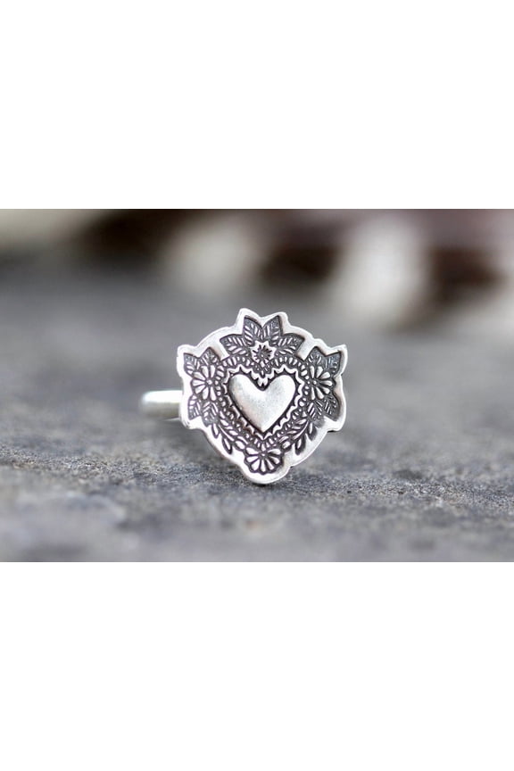 Sterling Silver Heart Ring Hand Forged Flower Folk Art Sacred Heart Jewelry Stackable Hammered Bands Bohemian Style