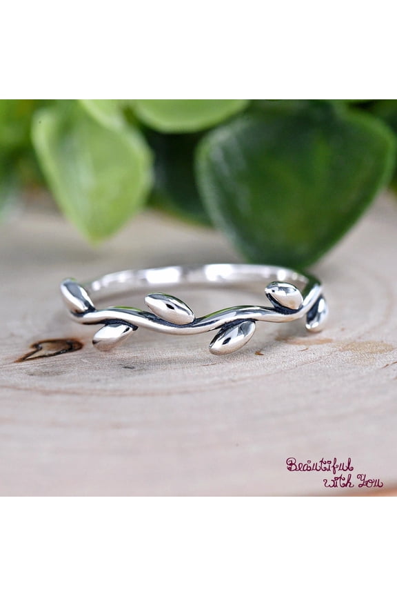 Sterling Silver Leaf Ring - Wavy Laurel Wreath Half Eternity Band in 925 Silver Botanical Design