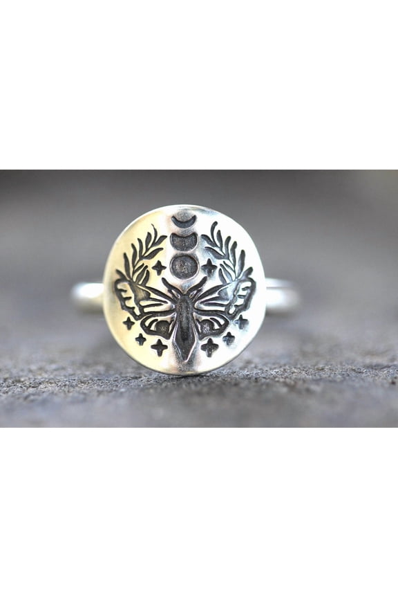 Sterling Silver Moth Ring 925 Recycled Silver Celestial Moon Phase Bohemian Stacking Band Nature Inspired Witch Jewelry
