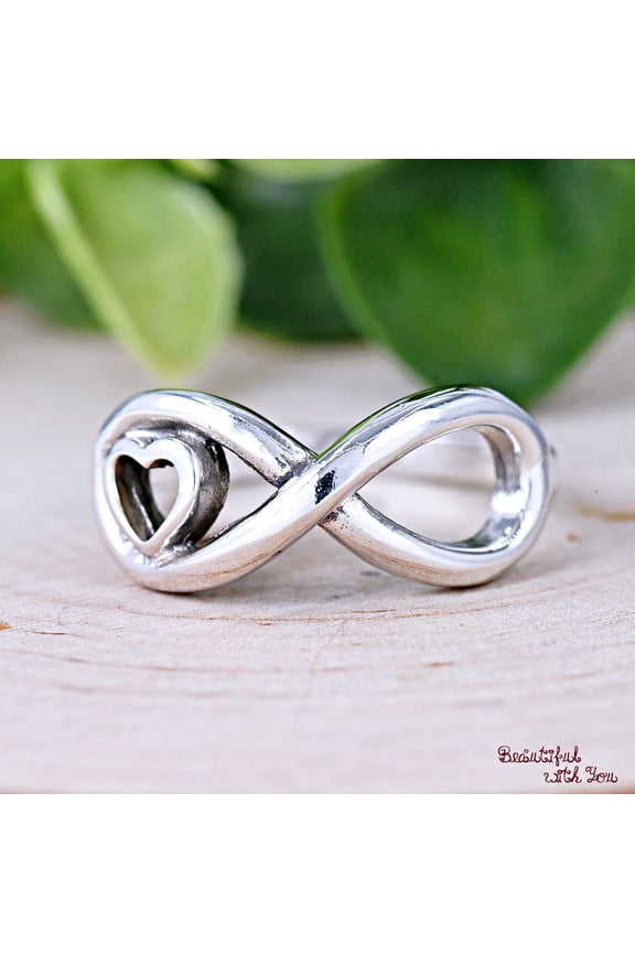 - Oxidized Solid 925 Infinity with Heart Accented Promise Ring, Infinity Loop Heart Anniversary Ring, Womens Statement Ring