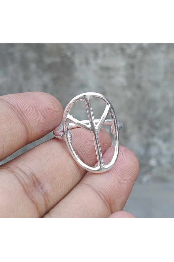 Sterling Silver Ring Minimalist Open Oval Band With Peace Sign Design, Handmade Boho Silver Jewelry, Elegant Statement Accessory