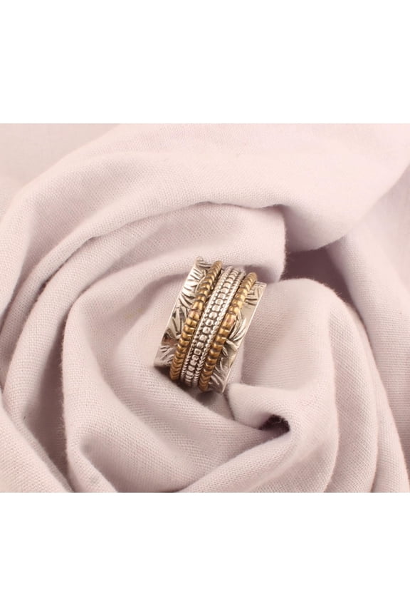 Sterling Silver Spinner Ring - Handmade 925 Textured Flower Band, Boho Style Fidget Ring with Calming Spinning Motion