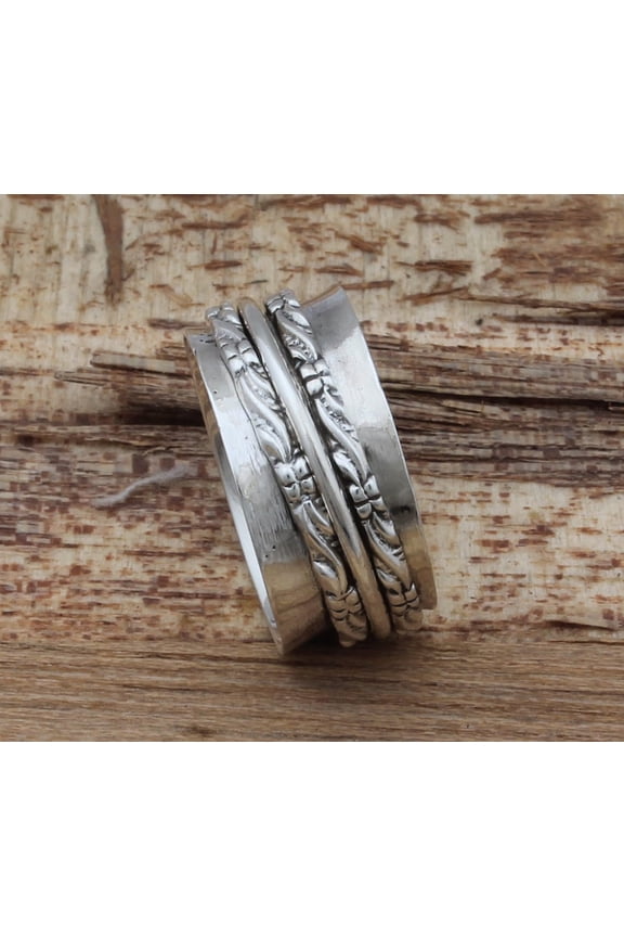 Sterling Silver Spinner Ring – Handmade Boho Style 925 Silver Band with Textured Finish and Smooth Spinning Outer Band