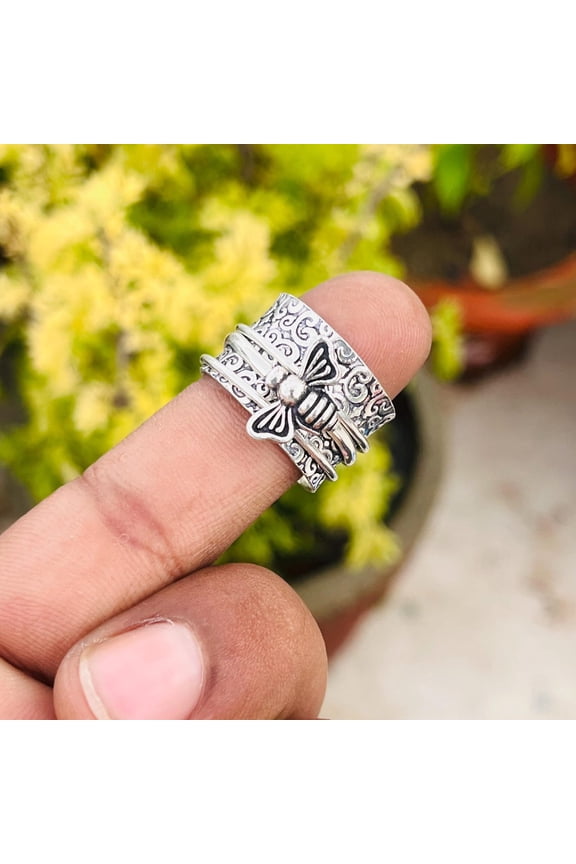 - Sterling Silver Spinner Ring Handmade Boho Style Bee Design Anxiety Relief Band