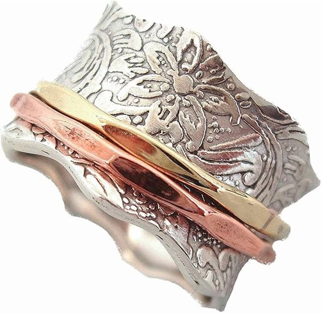 SS DESIGNS Sterling Silver Spinner Ring Handmade Floral Pattern Fidget Spinner Ring with Copper Brass Spinners for Anxiety Relief Jewelry