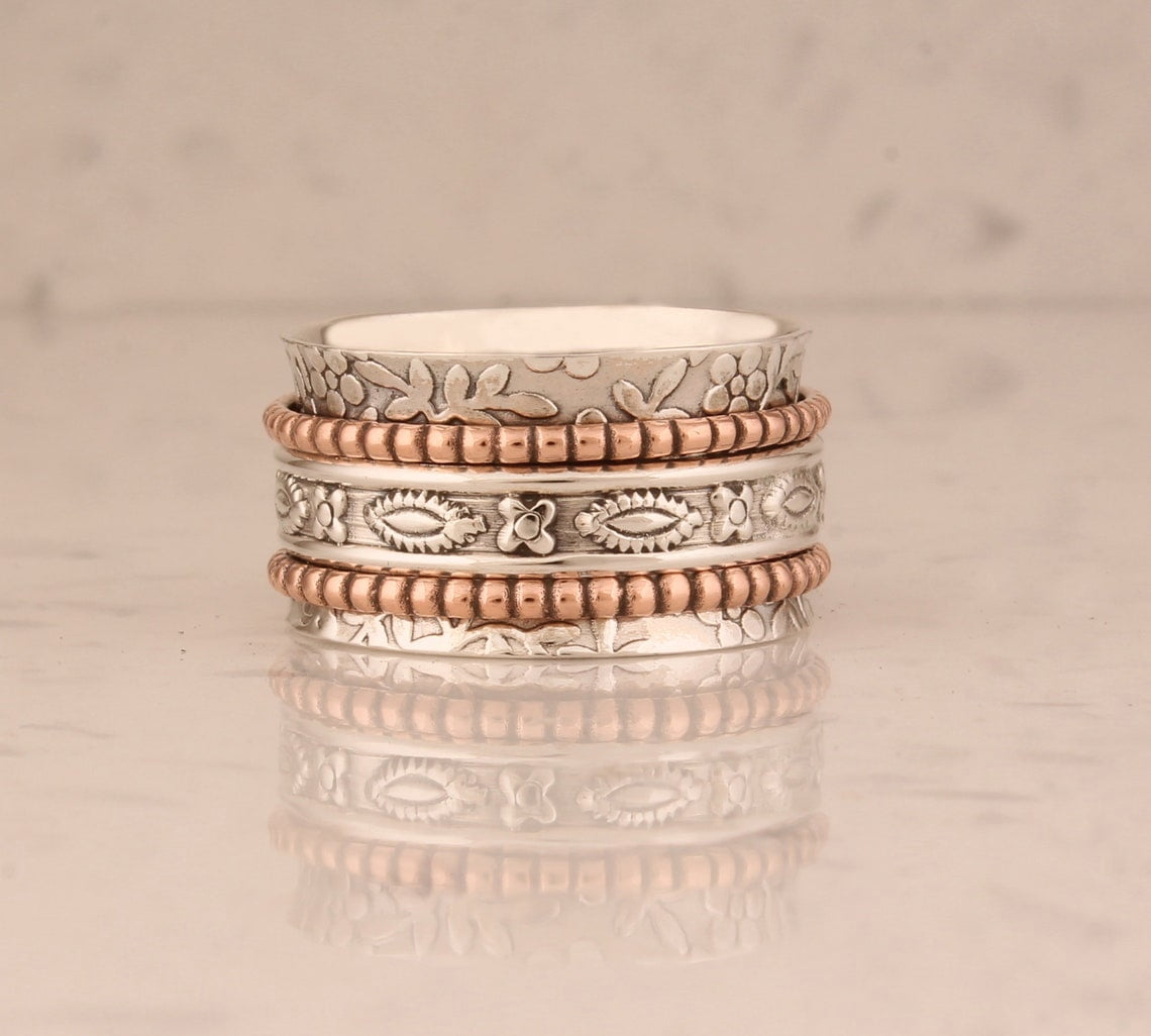 SS DESIGNS- Sterling Silver Spinner Ring | Handmade Two-Tone Silver Meditation Fidget Ring for Stress Relief | Mixed Metal Thumb Band 925