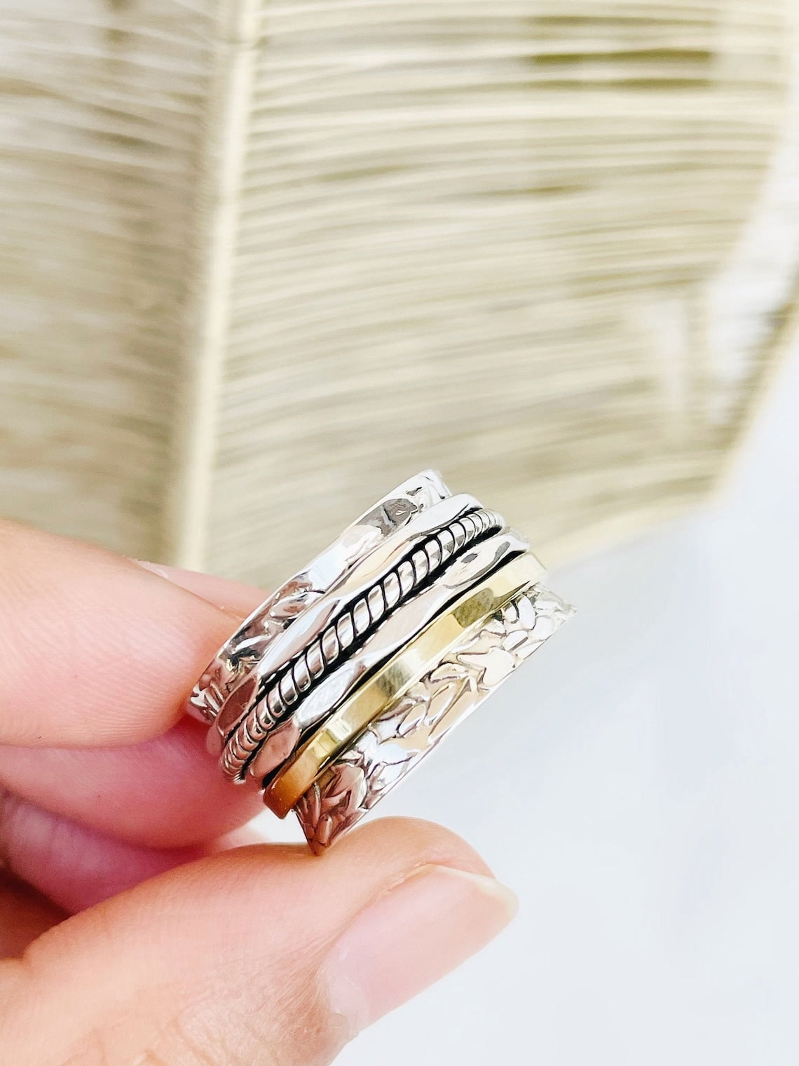 SS DESIGNS Sterling Silver Spinner Ring - Handmade Two Tone Fidget Spinner Ring for Women with Silver Hammered Finish and Stress Relief Design