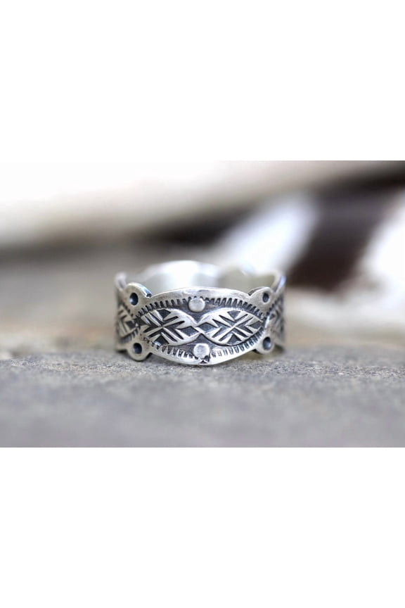 Sterling Silver Thumb Ring - Durable Silver Band Ring Featuring Unique Stamped Silver Pattern and Contemporary Stylish Silver Accessory