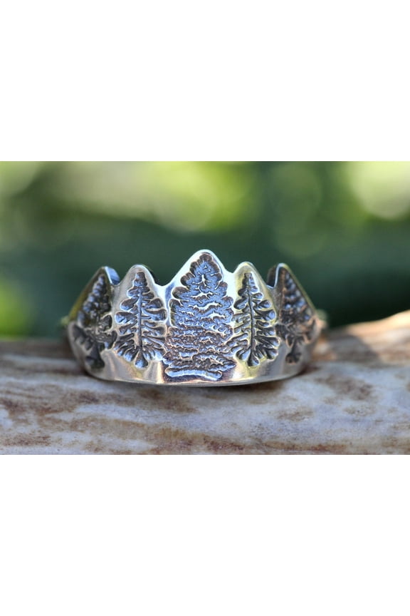 Sterling Silver Tree Ring Handcrafted Rustic Style Mountain Forest Pine Tree Nature Lover Jewelry, Oxidized Silver Band