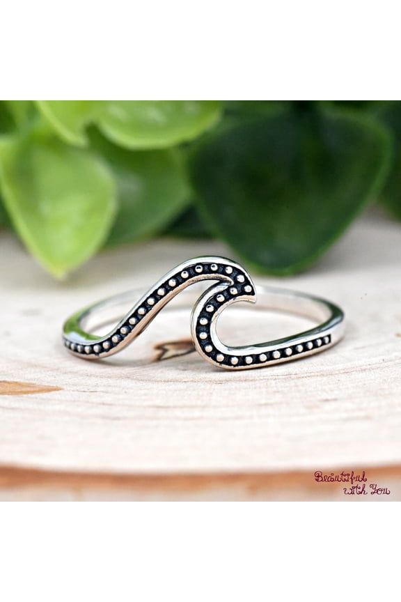 Sterling Silver Wave Ring - 925 Balinese Wave Band with Bead Dot Pattern, Oxidized Vintage Style Nautical Ocean Jewelry