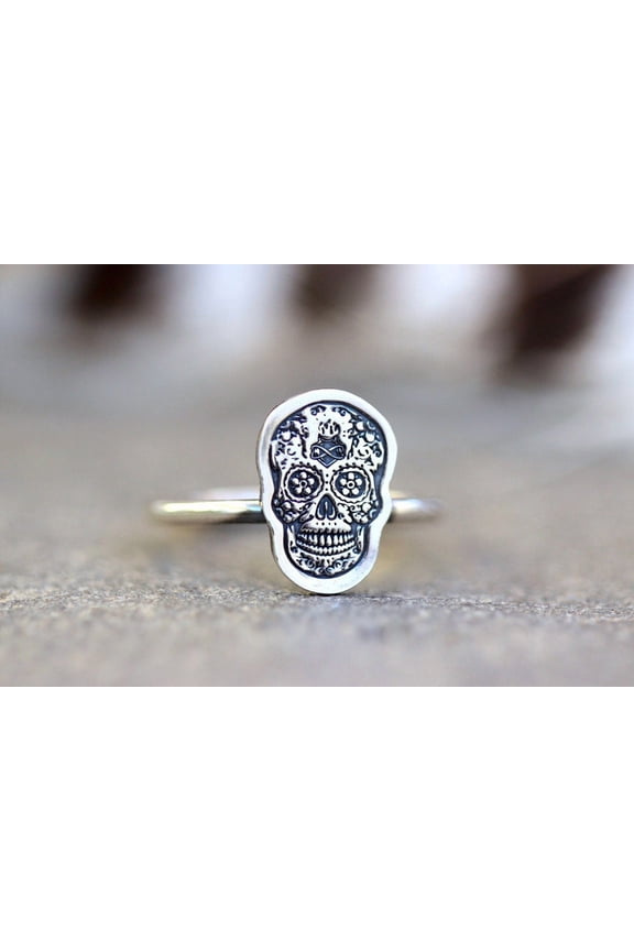 Sugar Skull Ring Sterling Silver Gothic Style Ring with Ornate Sacred Heart and Floral Details for Men and Women Statement Jewelry