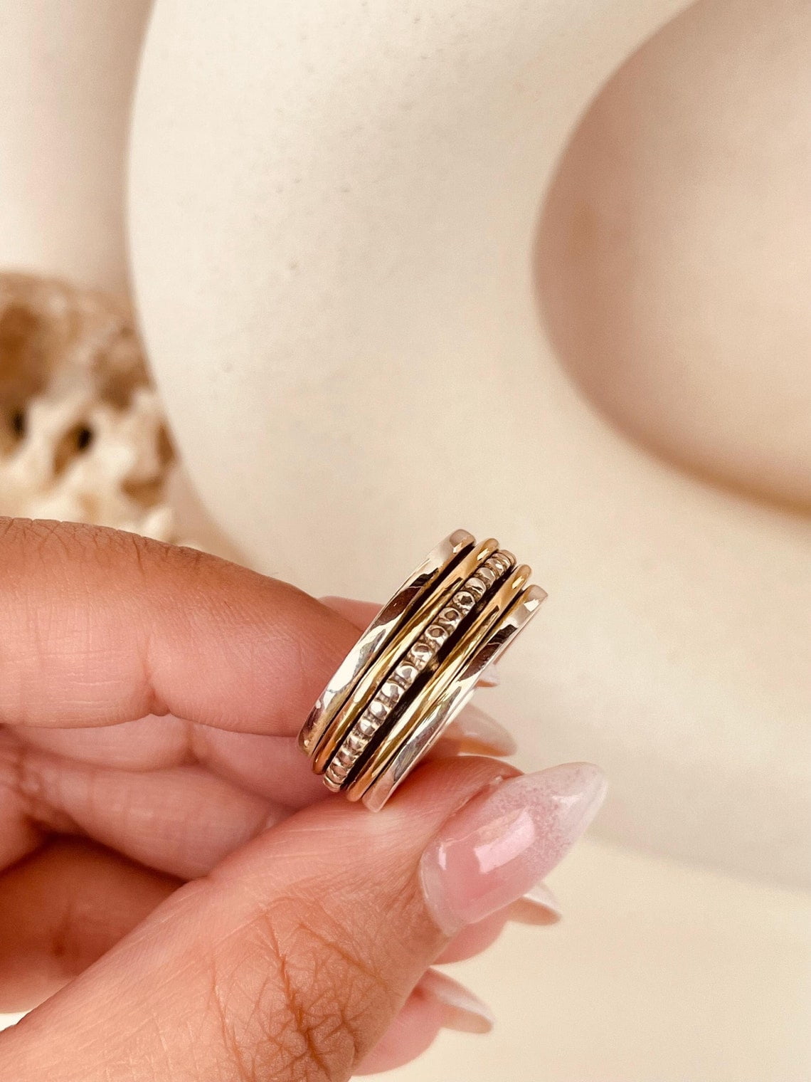 SS DESIGNS- Two-Tone Thumb Fidget Spinner Ring for Women – Handmade Anxiety Relief Meditation Ring, 925 & Gold-Plated Stress Reliever Ring,